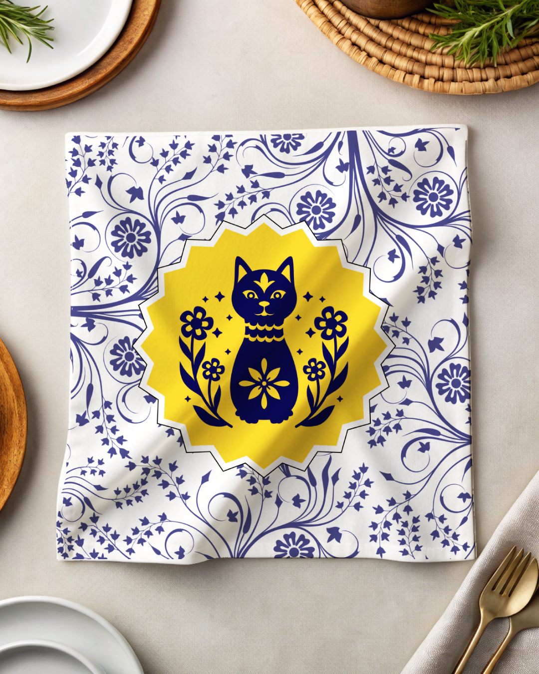 Tea Napkin - Floral Cat Pattern (Ships Only To India)