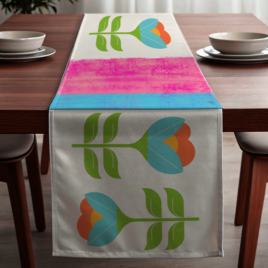Bright Pink and Blue Texture with Abstract Floral Blooms Bed and Table Runner (Ships Only To India)