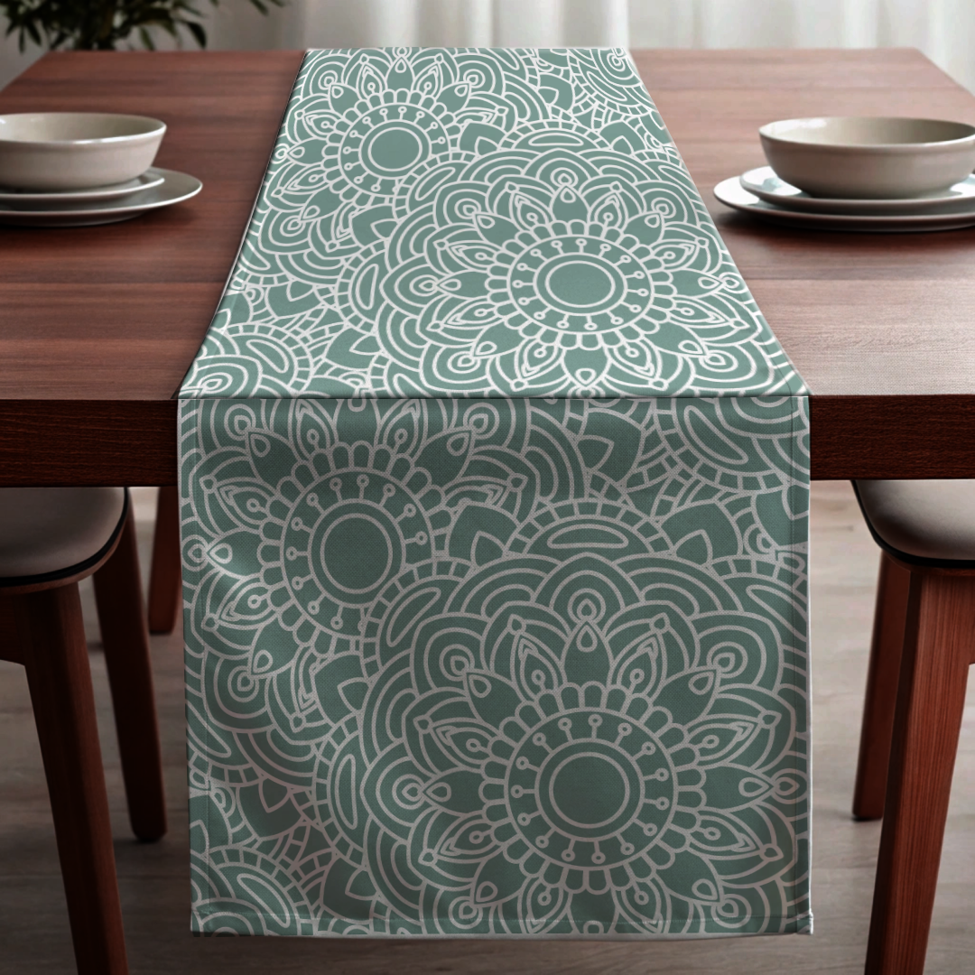 Green Pastel Mandala Abstract Floral Bed and Table Runner (Ships Only To India)
