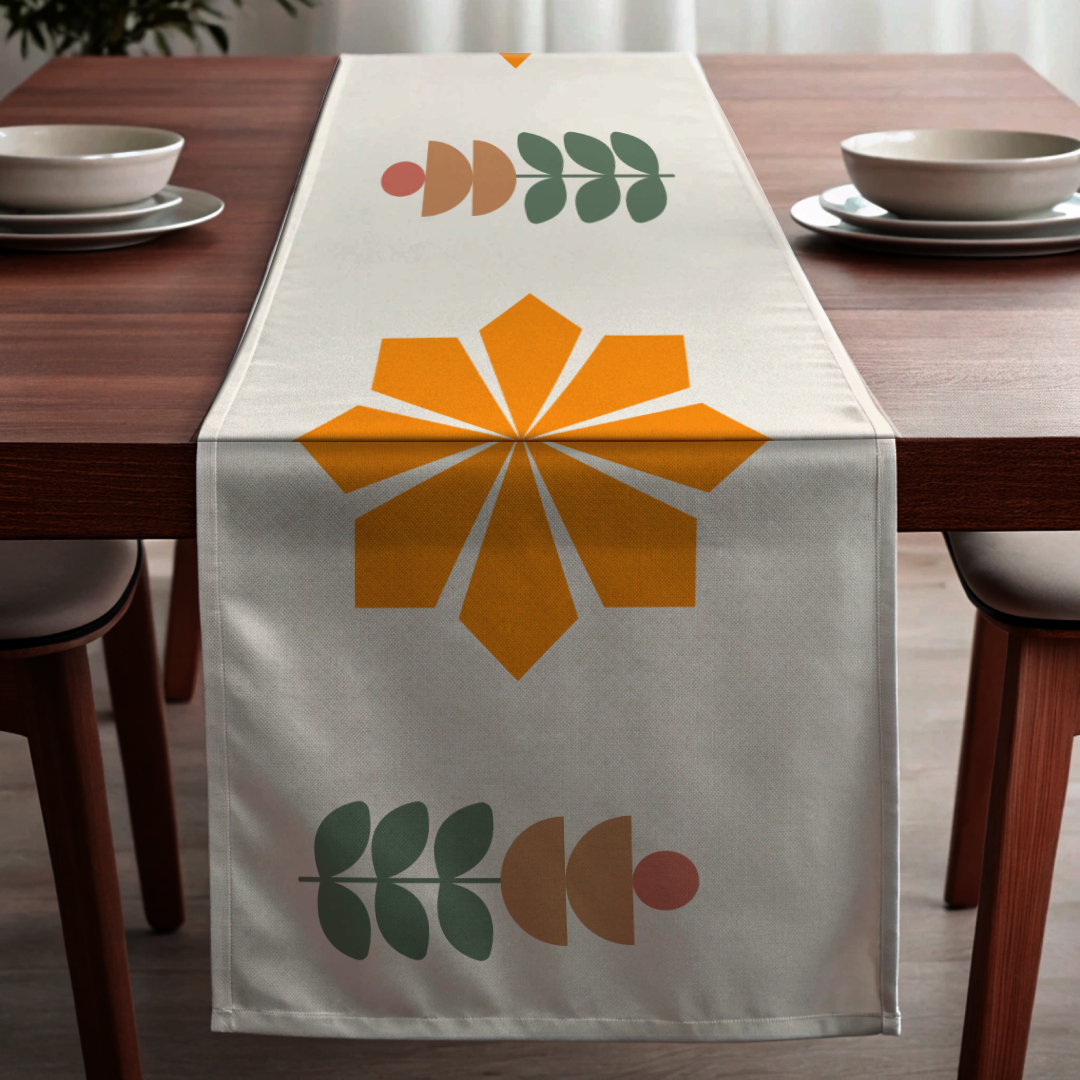 Geometric Orange Flower Bloom with Pastel Flowers Bed and Table Runner (Ships Only To India)