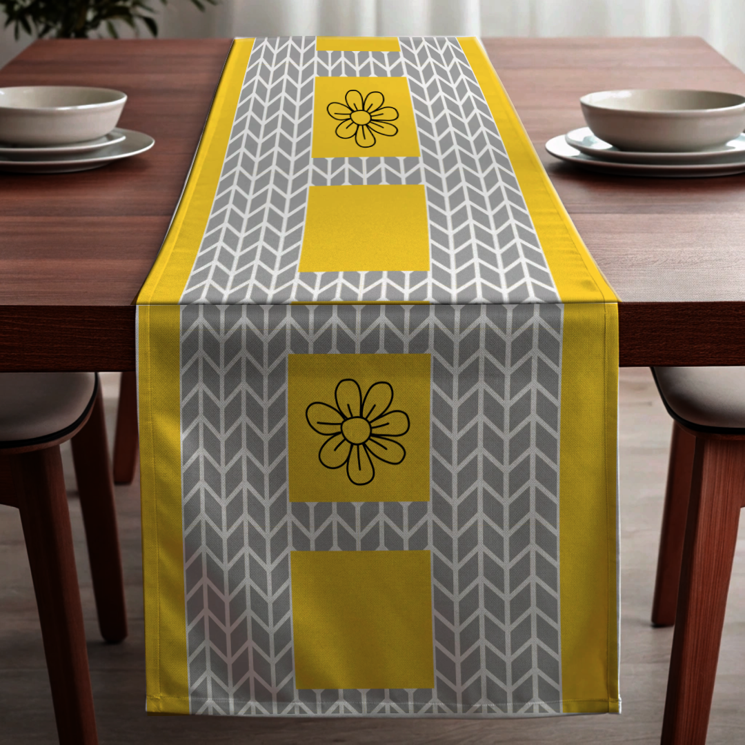 Yellow Box Grid Floral Bed and Table Runner (Ships Only To India)