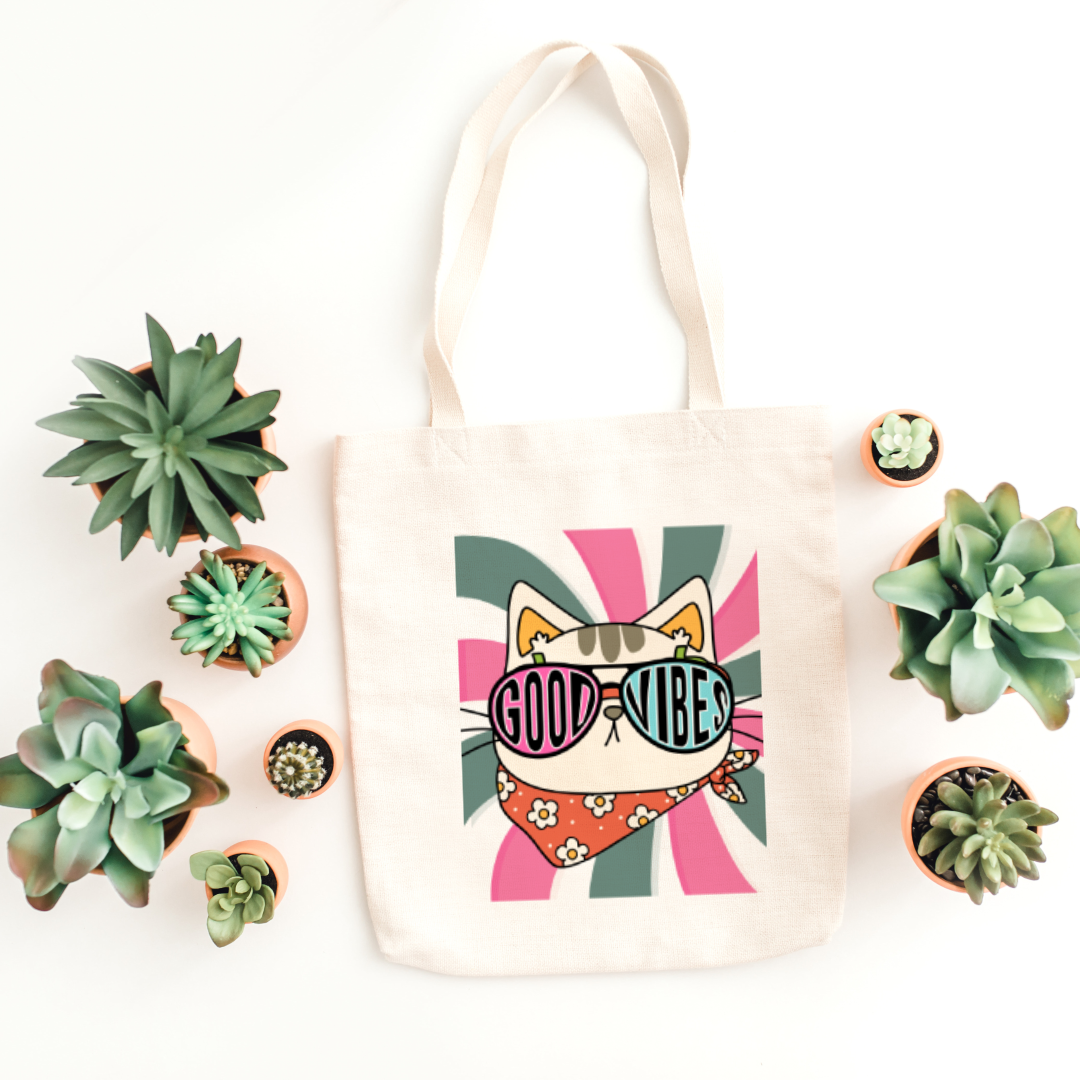 Cowboy Cat Good Vibes Large Print Tote Bag (Ships Only To India)