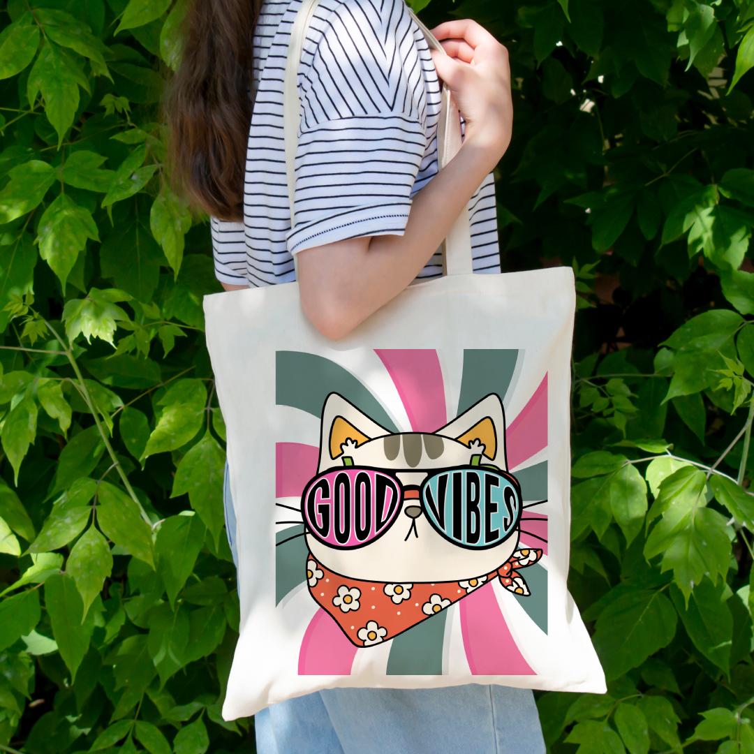 Cowboy Cat Good Vibes Large Print Tote Bag (Ships Only To India)