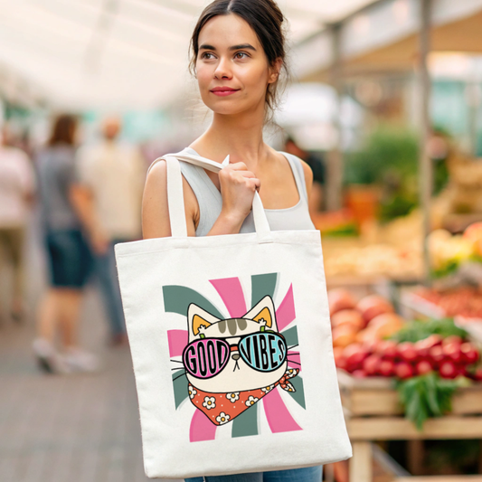 Cowboy Cat Good Vibes Large Print Tote Bag (Ships Only To India)