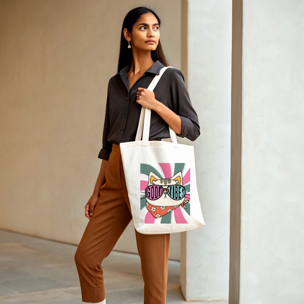 Cowboy Cat Good Vibes Large Print Tote Bag (Ships Only To India)