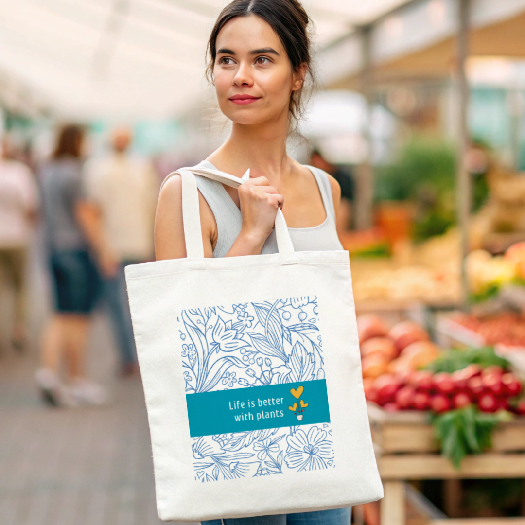 Life is better with plants blue floral abstract tote bag (Ships Only To India)