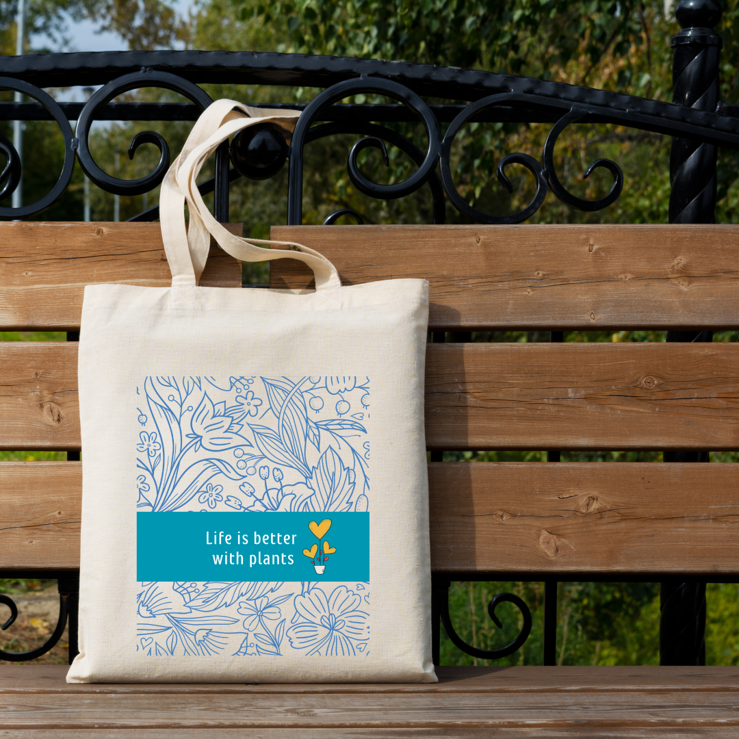 Life is better with plants blue floral abstract tote bag (Ships Only To India)