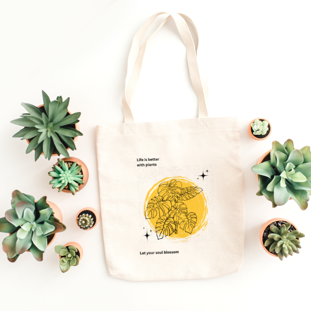 Life is better with plants yellow abstract design tote bag (Ships Only To India)