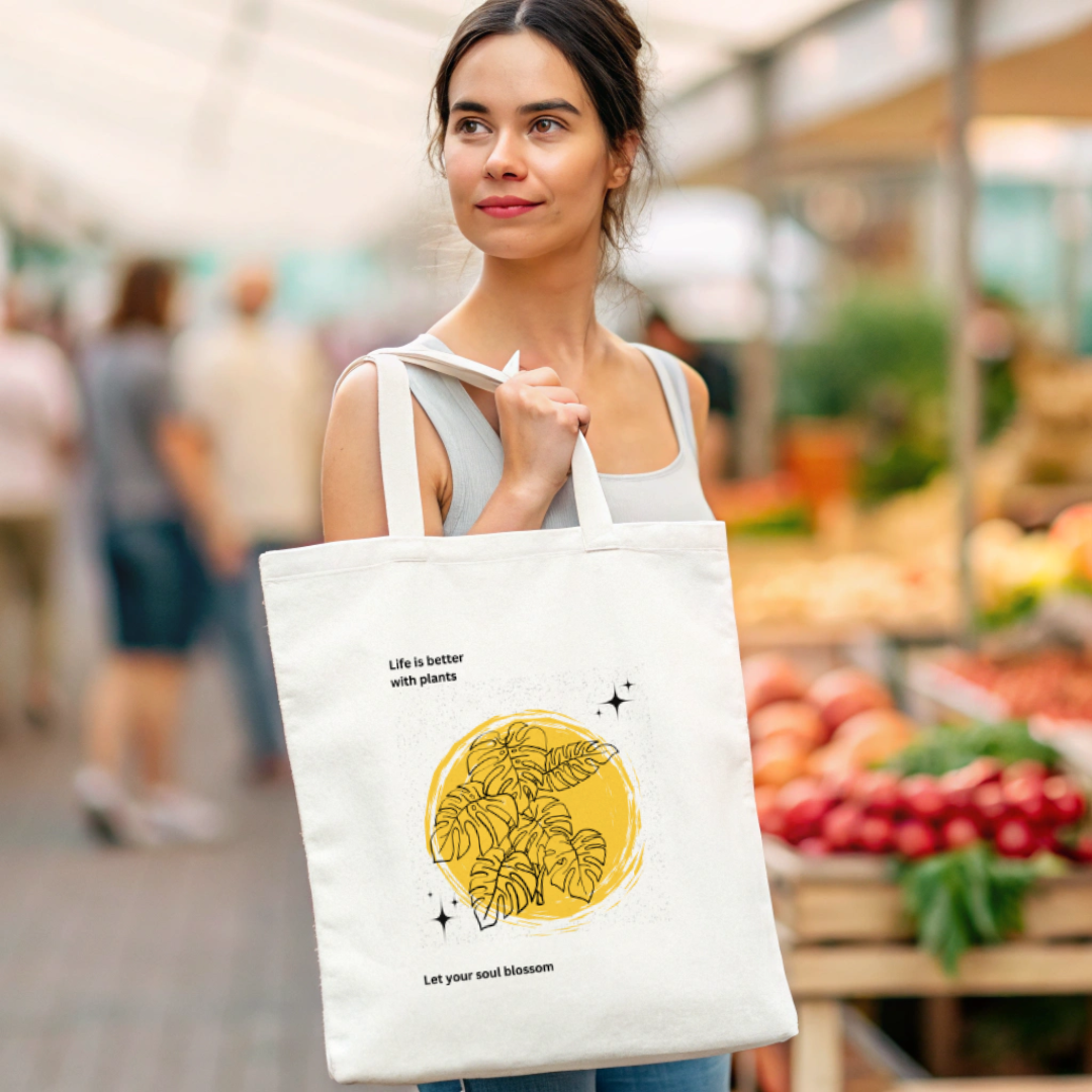 Life is better with plants yellow abstract design tote bag (Ships Only To India)