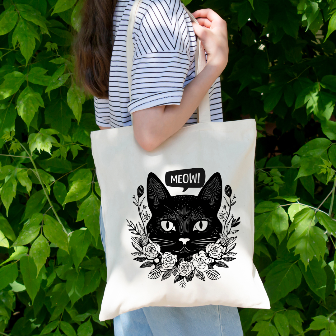 Black Cat Meow Tote Bag (Ships Only To India)