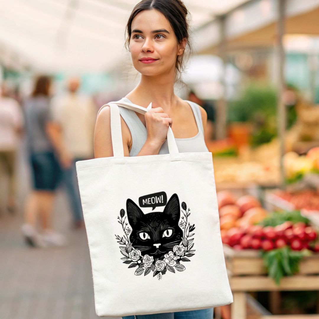 Black Cat Meow Tote Bag (Ships Only To India)