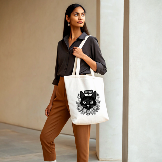 Black Cat Meow Tote Bag (Ships Only To India)