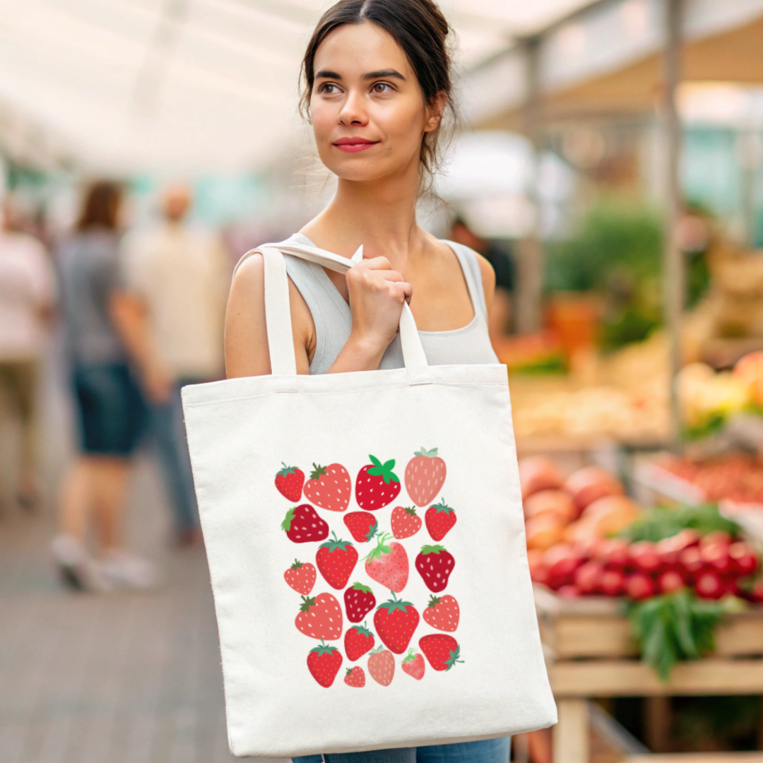 Everyday Large Tote Bag Cotton Strawberries (Ships Only To India)