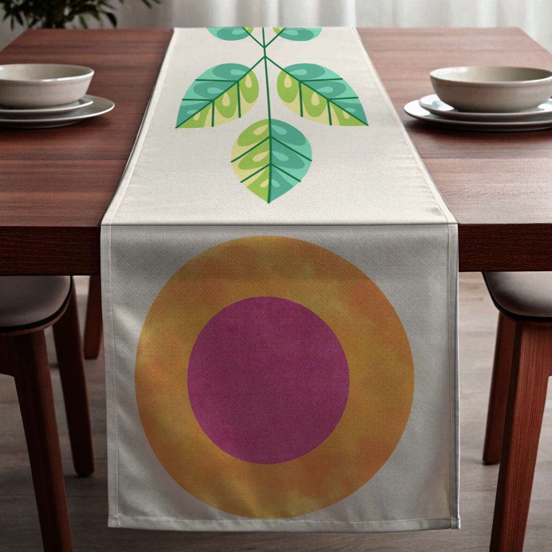 Pink In Golden Circle and Green Yellow Leaf Pattern Bed and Table Runner (Ships Only To India)