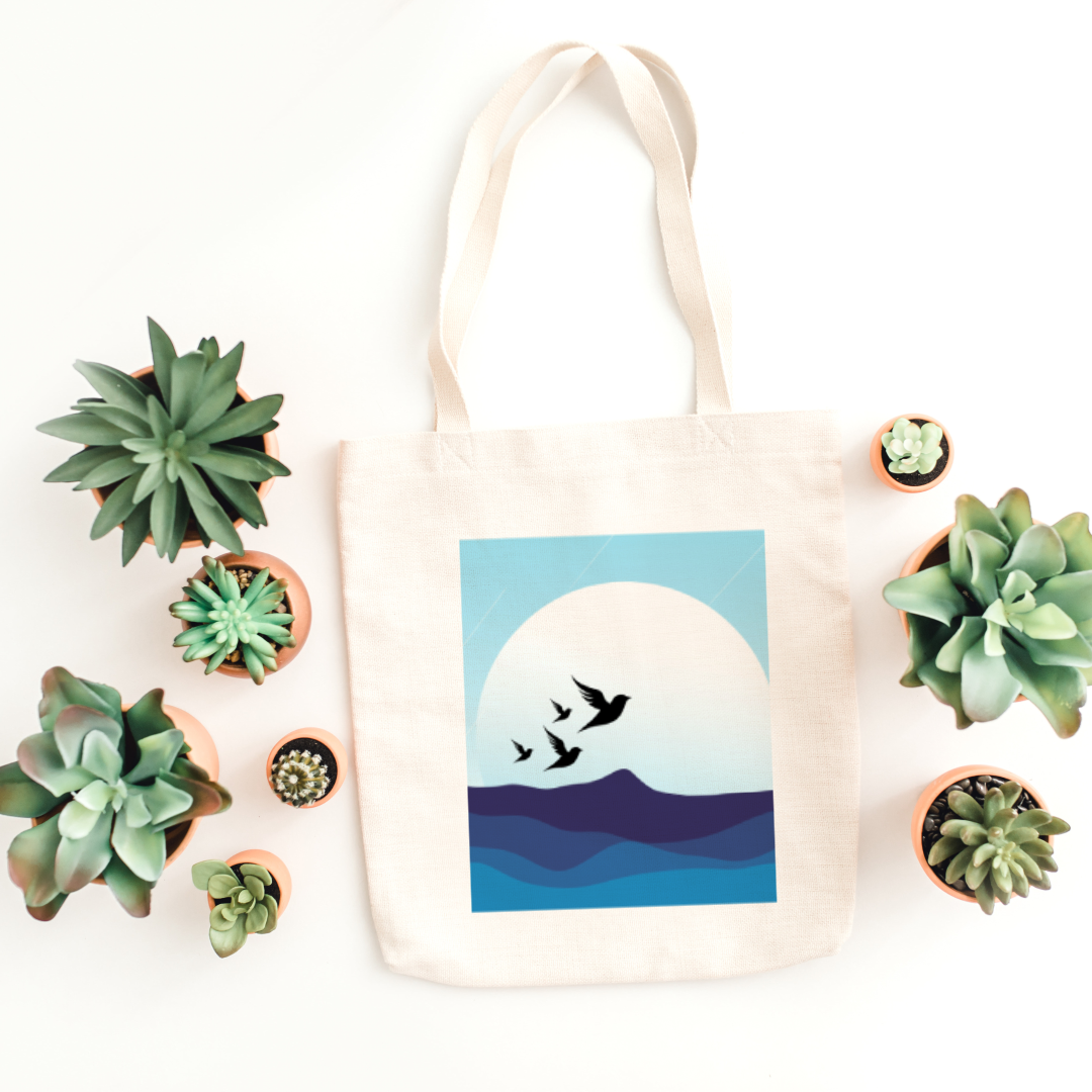 Blue Ocean Mountains Birds Tote Bag (Ships Only To India)