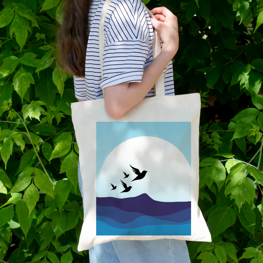 Blue Ocean Mountains Birds Tote Bag (Ships Only To India)