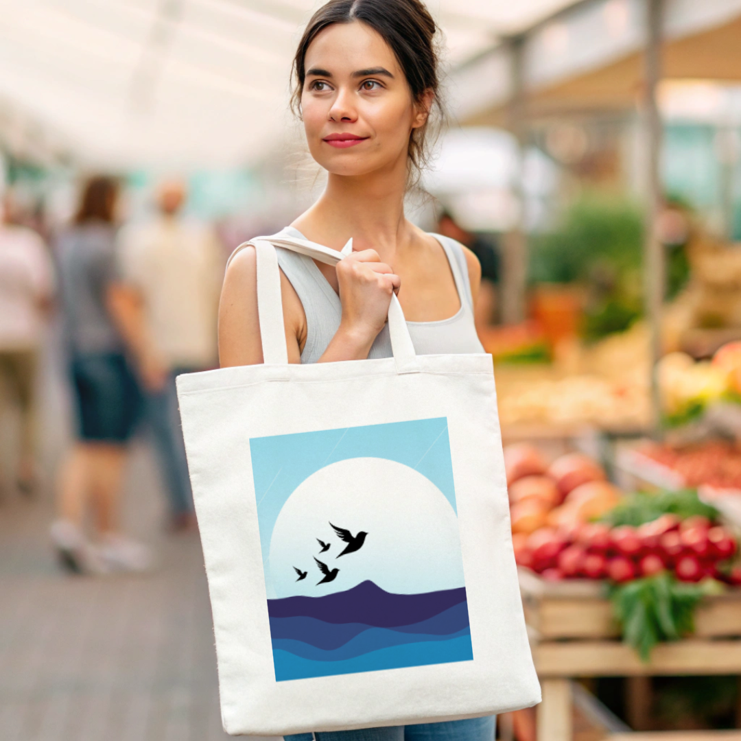 Blue Ocean Mountains Birds Tote Bag (Ships Only To India)