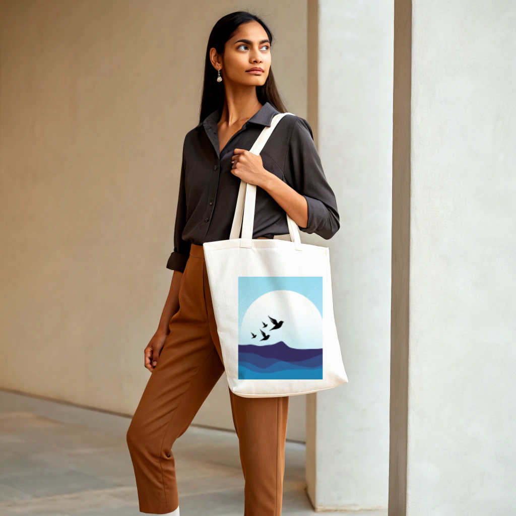 Blue Ocean Mountains Birds Tote Bag (Ships Only To India)