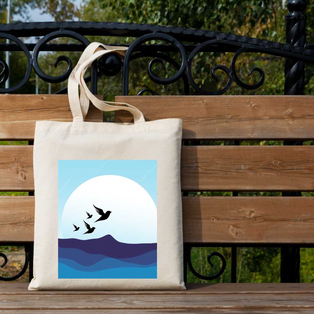 Blue Ocean Mountains Birds Tote Bag (Ships Only To India)