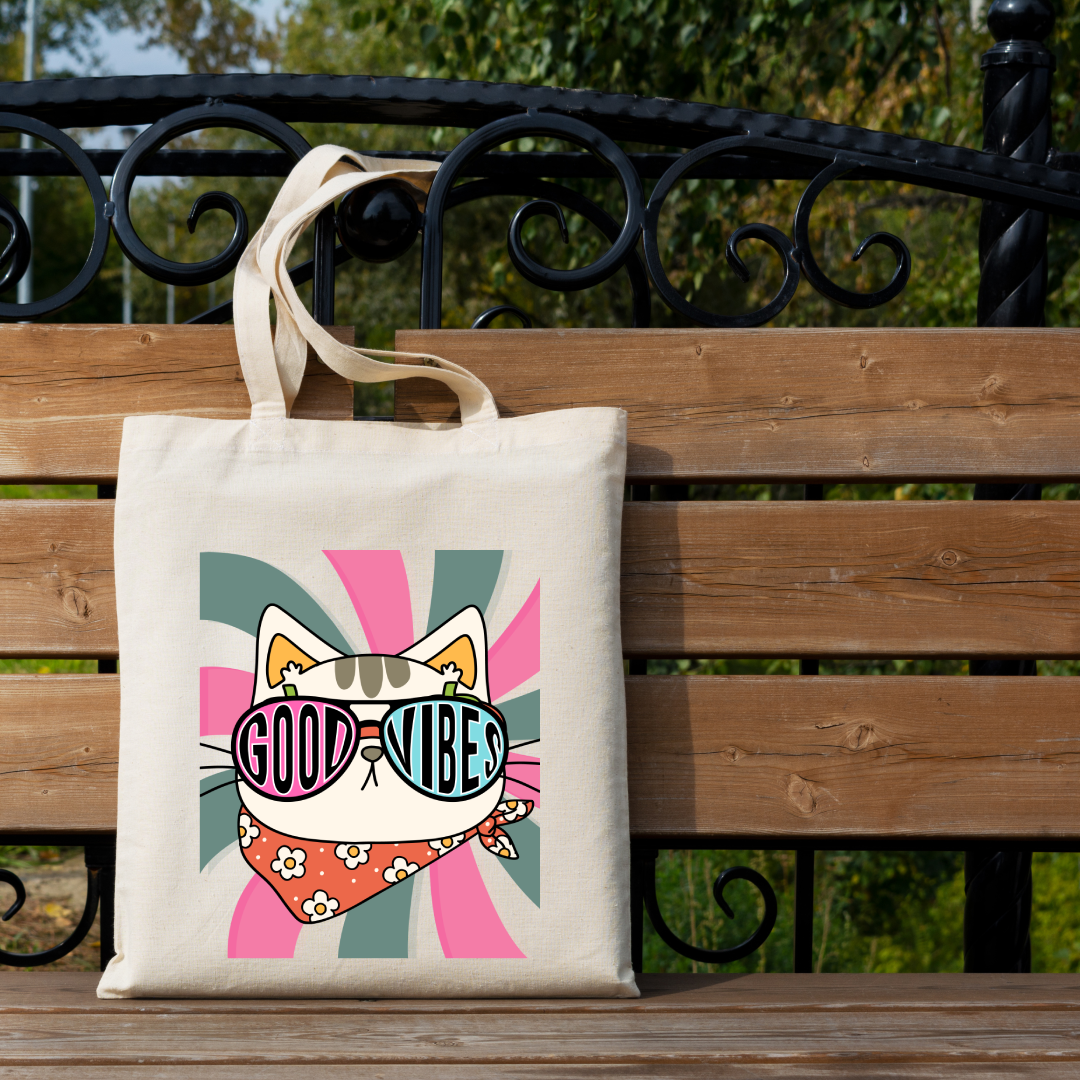 Cowboy Cat Good Vibes Large Print Tote Bag (Ships Only To India)