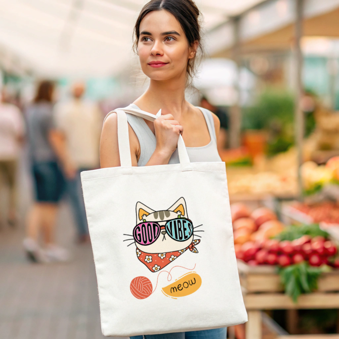 Cute Cowboy Cat Playful Good Vibes Tote Bag (Ships Only To India)
