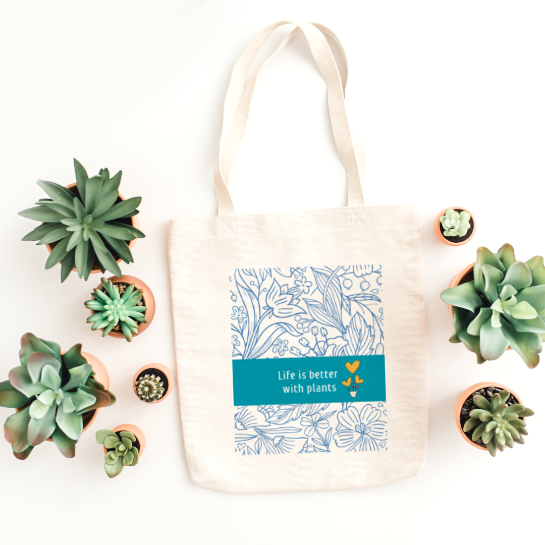 Life is better with plants blue floral abstract tote bag (Ships Only To India)