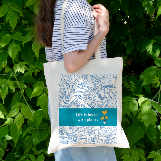 Life is better with plants blue floral abstract tote bag (Ships Only To India)