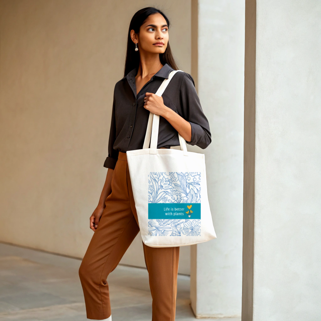 Life is better with plants blue floral abstract tote bag (Ships Only To India)