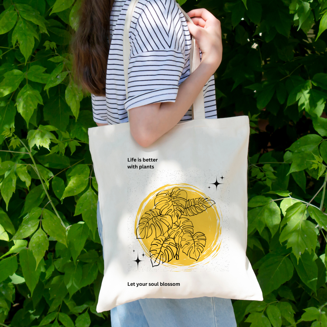 Life is better with plants yellow abstract design tote bag (Ships Only To India)