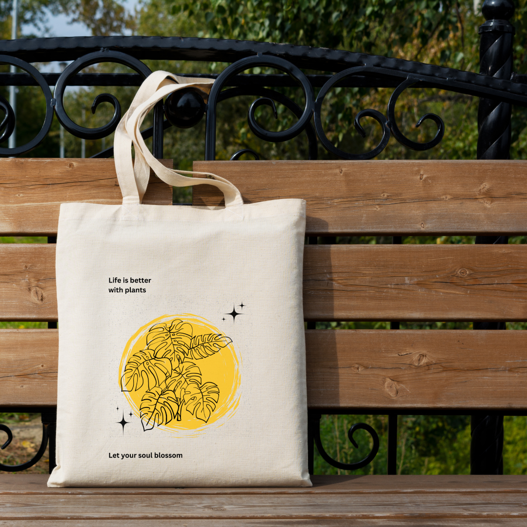 Life is better with plants yellow abstract design tote bag (Ships Only To India)