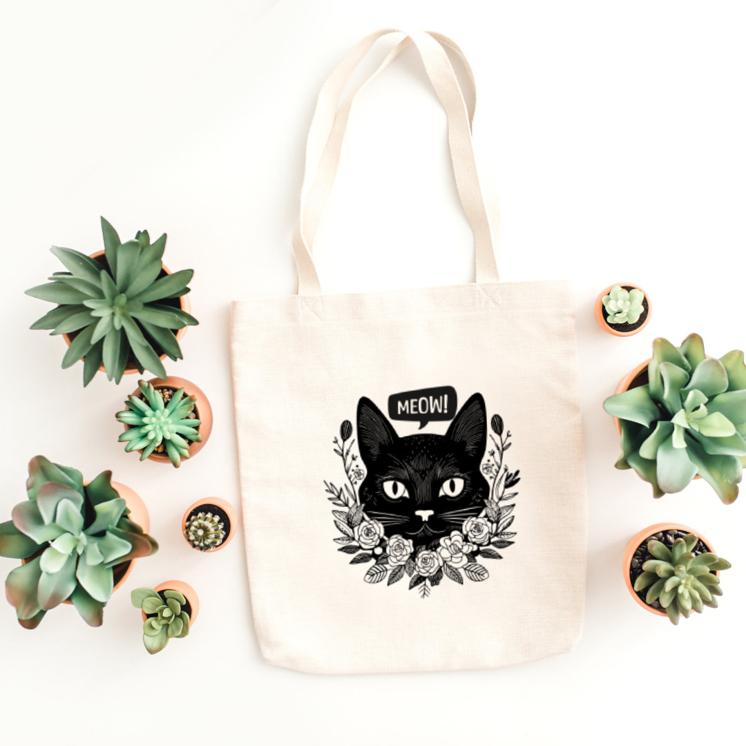 Black Cat Meow Tote Bag (Ships Only To India)