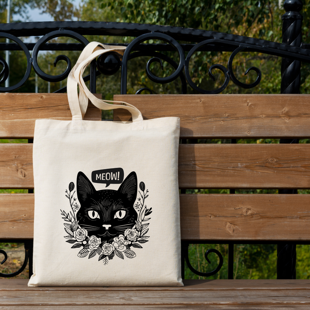 Black Cat Meow Tote Bag (Ships Only To India)