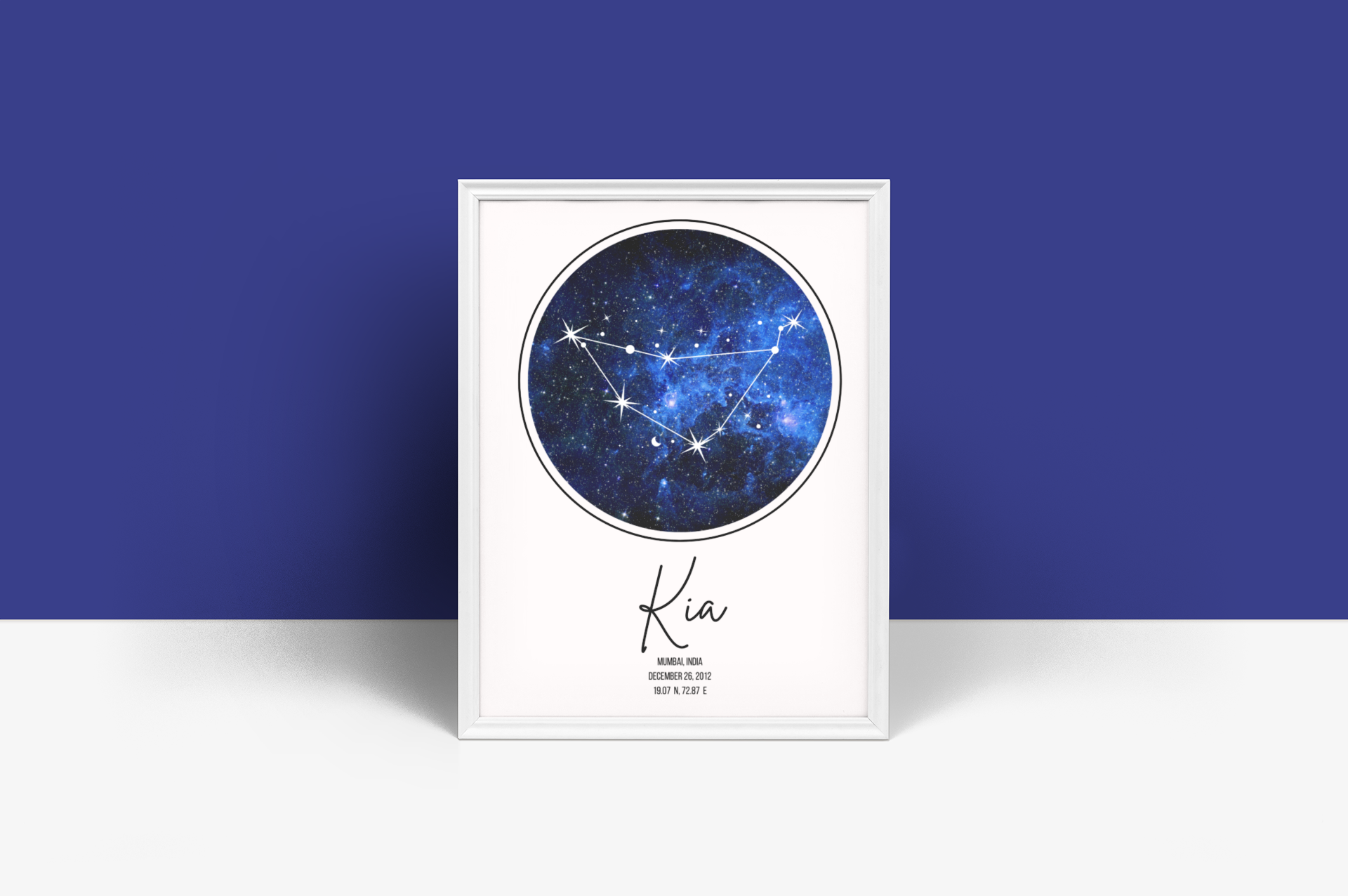 Framed star map with constellation design on a blue wall