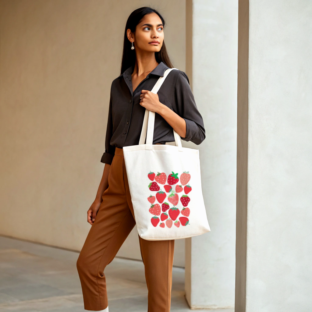 Everyday Large Tote Bag Cotton Strawberries (Ships Only To India)